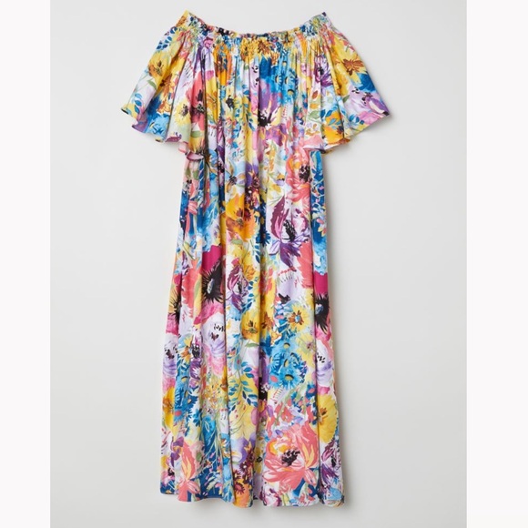 H&M Off-the-shoulder Smocked Short Wide Sleeve Floral Print Pockets Flowy Dress - Picture 3 of 14